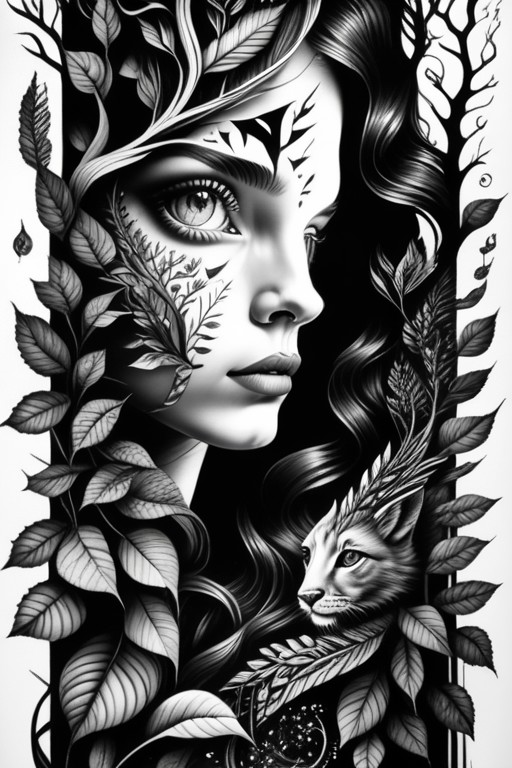 1girl in a mythical forest, masterpiece, perfect face, intricate details  <lora:illusionix:1> illusionix, illusion, black ink